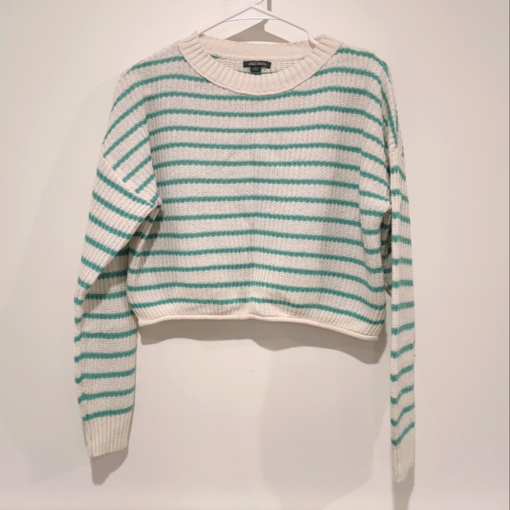 Wild Fable cropped sweater, mint green and white striped, cable knit - S